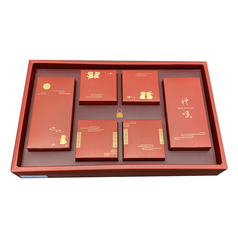 Custom Paper Mooncake Packing Gift Box with Bag Gift Packing Set Red for Mid-autumn Festival for 6 Pcs